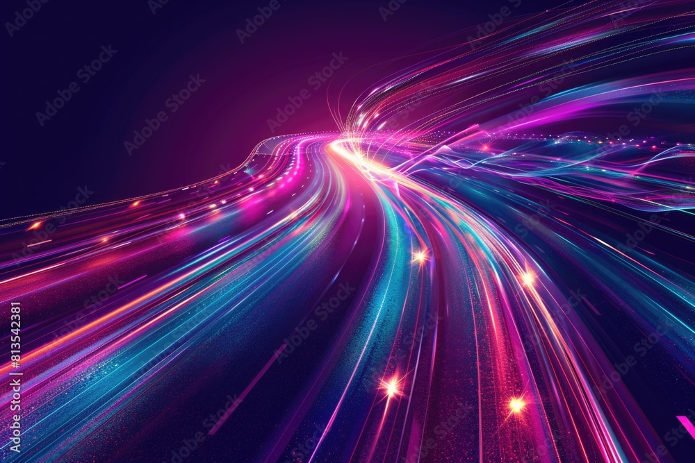 Poster Vibrant light trails captured in a long exposure shot. Perfect for adding a dynamic touch to design projects