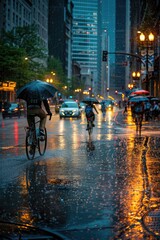 Fototapeta premium Group of bicyclists riding down a rainy street, suitable for sports or weather concept