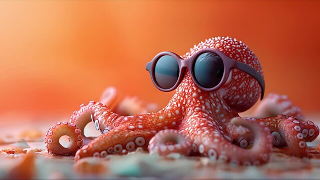 Funny octopus wearing sunglasses in studio with a colorful and bright background. Created with Generative AI.