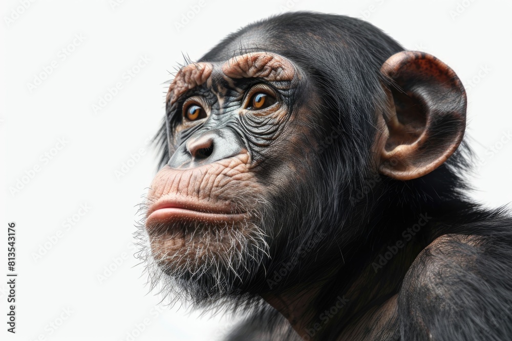 Poster close up of a monkey's face on a white background, suitable for various projects