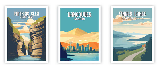 Watkins Glen, Vancouver, Finger Lakes Illustration Art. Travel Poster Wall Art. Minimalist Vector art
