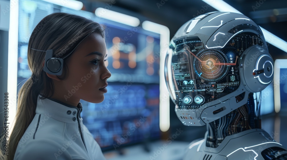 Aufkleber High-quality image of a software engineering director in a modern office who is working together with an AI assistant. Generative AI.