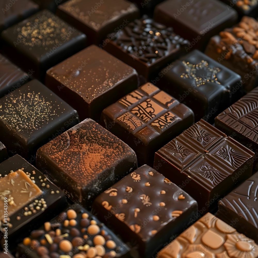 Wall mural extreme close-up of stunning dark chocolates, beautifully crafted and highly detailed, in the style