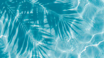 Aqua waves and coconut palm shadow on blue background. Water pool texture top view.Tropical summer mockup design. Luxury travel holiday.