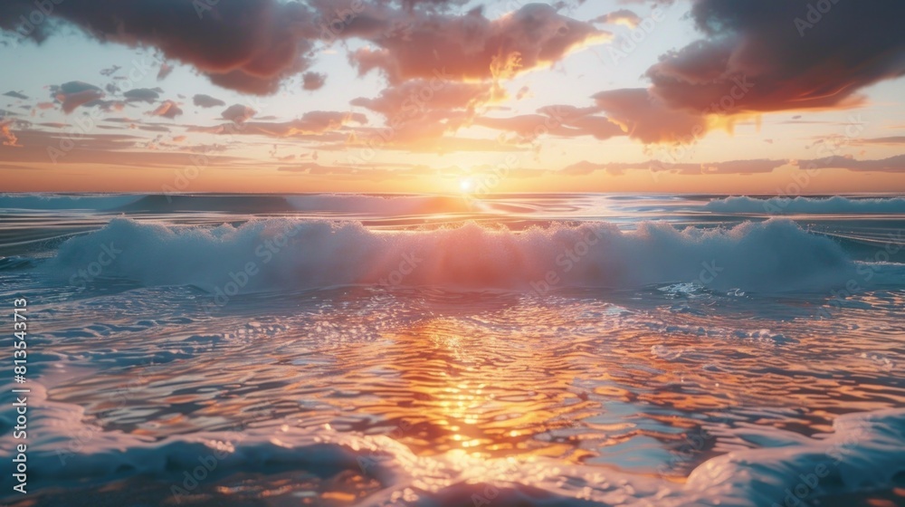 Poster a beautiful sunset scene over the ocean waves. perfect for travel and nature concepts