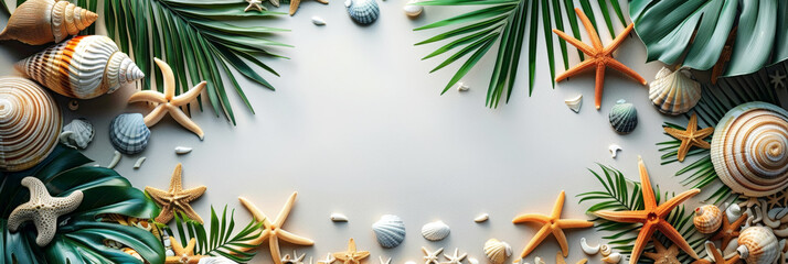 Wide border frame of seashells and starfish on a beach theme, perfect for backgrounds and marine designs.