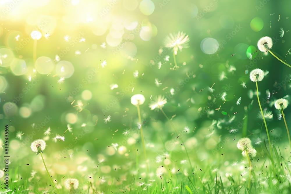 Poster dandelions blowing in the wind, suitable for nature concepts