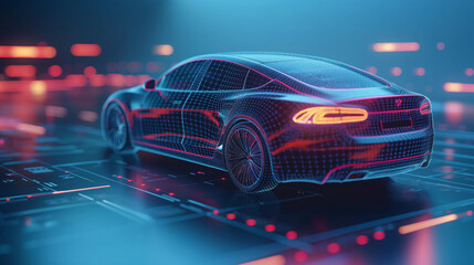 Futuristic car with wireframe intersection with digital user interface environment. 