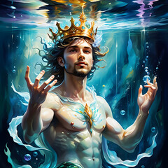Ethereal fantasy concept art. Underwater king. Water surface touch, chaotic resonance micro displacement water core.