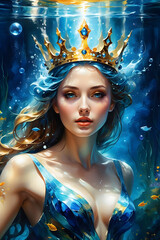 Ethereal fantasy concept art. Underwater queen. Touching the water surface, chaotic resonant microdisplacement of the water core.