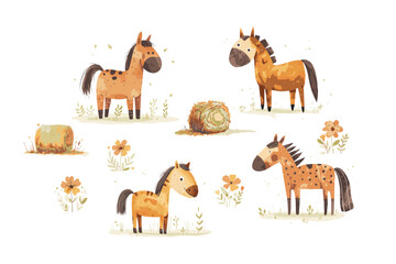 Set of watercolor horses, hay rolls and flowers, vector illustration