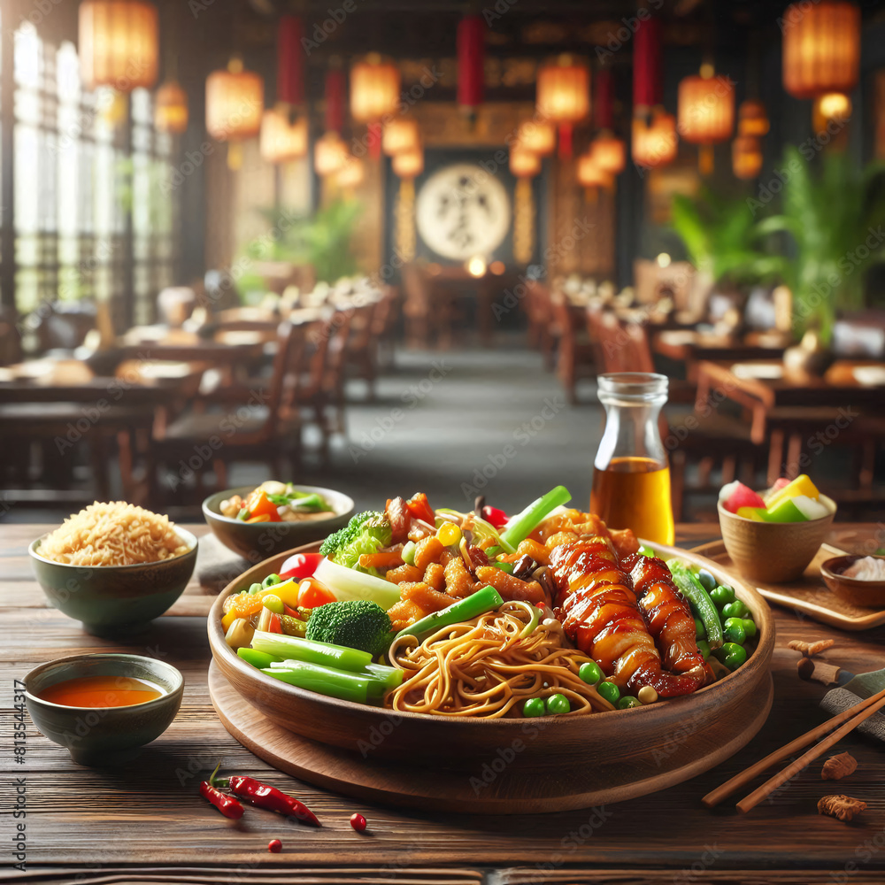 Wall mural wooden table top with chinese food blurred restaurant background