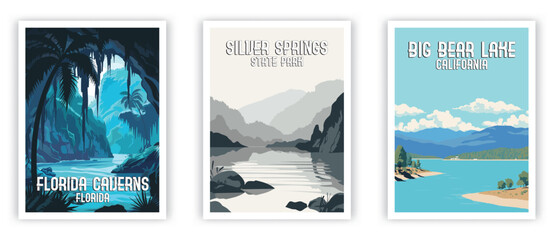 Florida Caverns, Silver Springs, Big Bear Lake Illustration Art. Travel Poster Wall Art. Minimalist Vector art