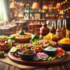 A wooden table top adorned with delicious Mexican cuisine, including tacos, enchiladas, and guacamole,