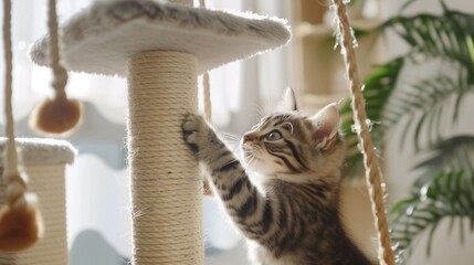 Adorable Cat Playing on Cat Climber, Joyful and Playful Pet Activity
