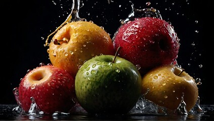 fruits with water splashes. isolated on black  background.