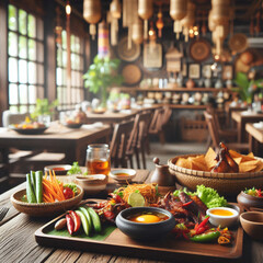 Fototapeta premium Wooden Table Top with Thai food Blurred Thai Restaurant Background