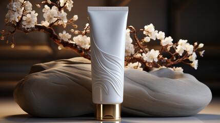 Cosmetic bottle mockup with blooming branch.