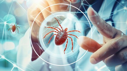 Scientist analyzing a tick under a digital interface, symbolizing disease research and prevention

