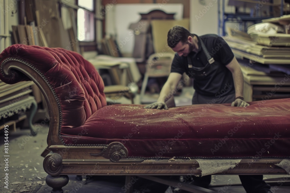 Poster a man working on a red couch in a workshop, suitable for home improvement projects