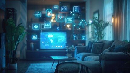 Minimalist smart home interior display featuring digital device icons. Cutting edge tech.