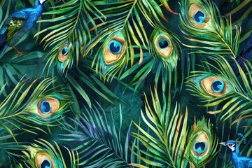 Colorful peacock feathers and tropical palm leaves painting, ideal for home decor