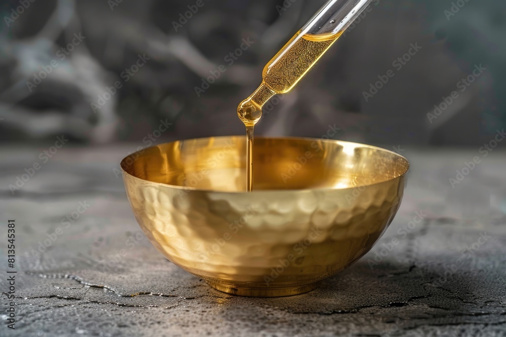 Poster a gold bowl with a liquid pouring out of it. suitable for various concepts and designs