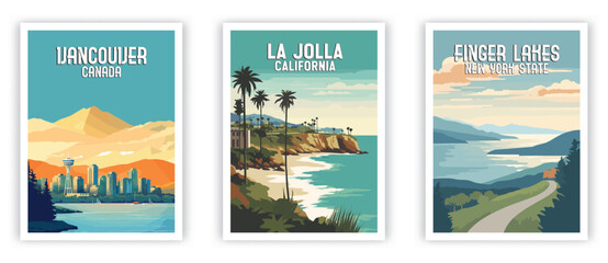 Vancouver, La Jolla, Finger Lakes Illustration Art. Travel Poster Wall Art. Minimalist Vector art