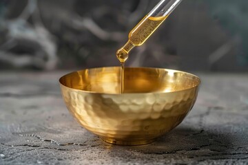 A gold bowl with a liquid pouring out of it. Suitable for various concepts and designs