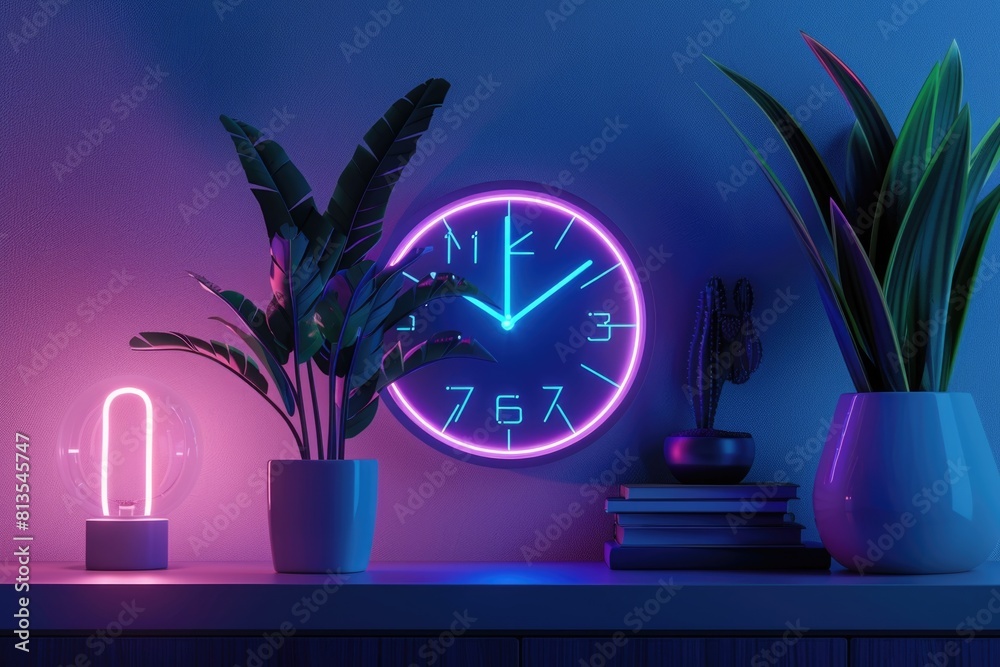 Aufkleber a clock sitting on top of a shelf next to a plant. suitable for interior design concepts