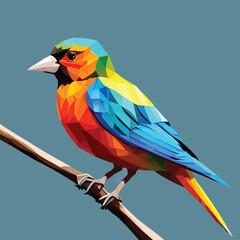 Colorful Bird on a Branch (Abstract), Low Poly Bird on a Branch, Geometric Bird on a Branch
