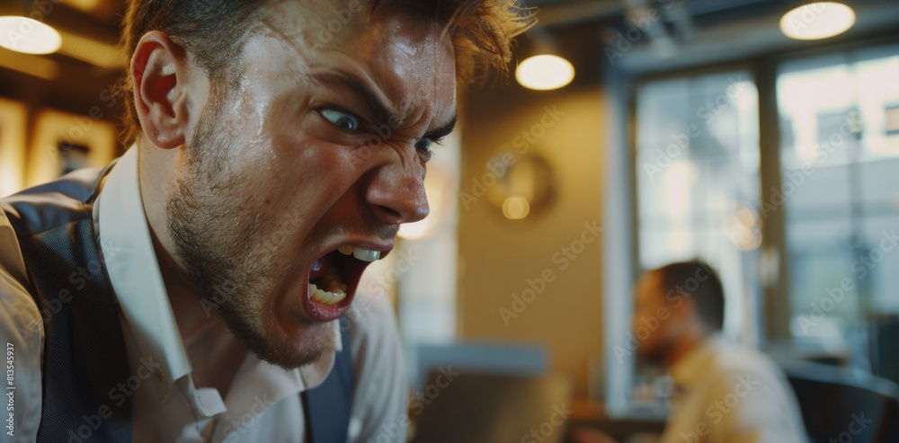 Poster surprised man looking at laptop screen. suitable for technology concepts