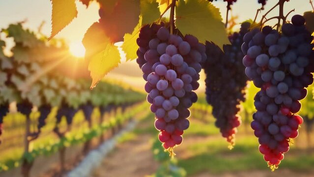 Bunch of grape against the background of a vineyards at sunset