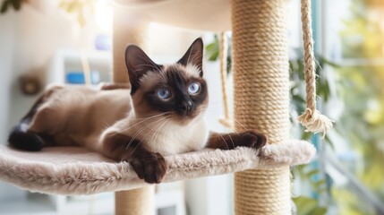 Adorable Cat Playing on Cat Climber, Joyful and Playful Pet Activity
