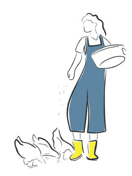 woman feeding chickens, blue overalls, yellow boots clip art preview