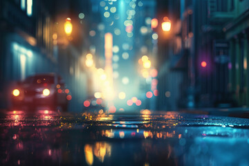 Fototapeta premium Urban street background for poster, cinematic lighting, night scene, bokeh 