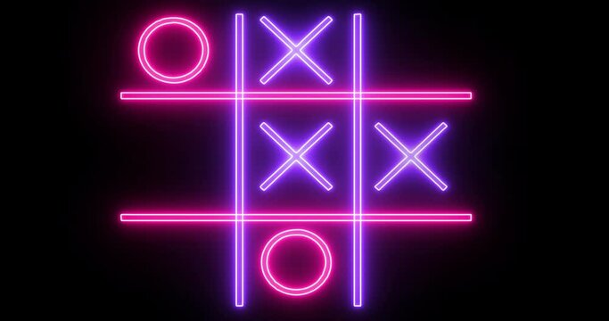 4K purple and pink Tic Tac Toe game icon on a black background. Glowing neon line Tic Tac Toe X-O game icon on a black background. Technology video material animation. Easy to use in any video.