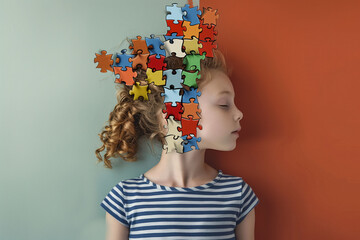 Conceptual image of a young girl with puzzle pieces forming her head, symbolizing thoughts and mental health. Young girl with puzzle pieces on face, symbolizing autism spectrum and complex thinking