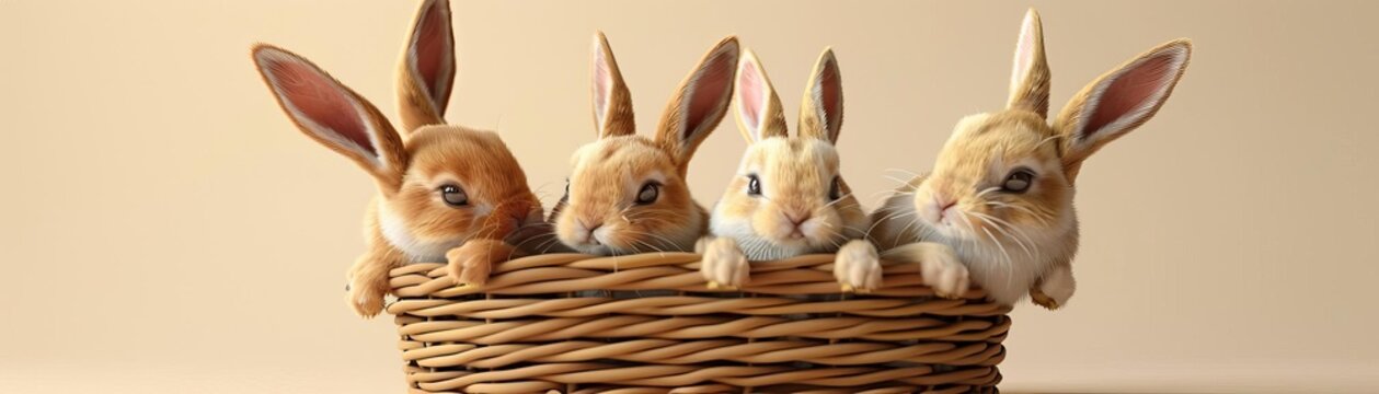 Cute Animals in Love bunnies in a basket flat design front view spring fling theme 3D render Triadic Color Scheme