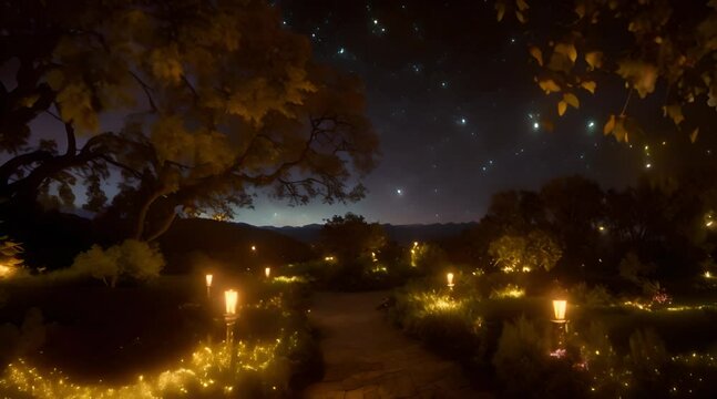 A dreamy setting of ling lights and sparkling fairy dust in a mystical garden under a velvet night sky