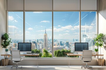 Fototapeta premium Workspace Interior with Panoramic Window created with Generative AI