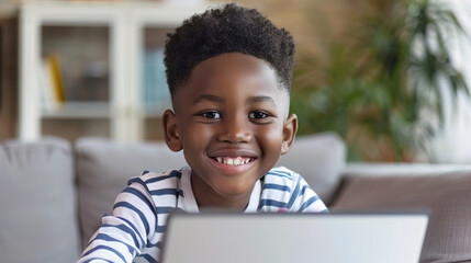 School boy studying online on laptop, at home.