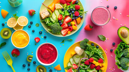 Spectacular bright overhead photo of 2 exquisite plates of healthy salads and 1 smoothie and 1 desserts multicolored background, bright colored lighting