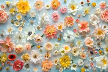 A colorful arrangement of various flowers, including roses, daisies, and tulips, set against a vibrant blue background