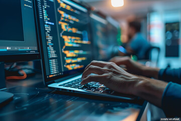 Programmer is hands on keyboard writing source code, on screen monitor showing writing code