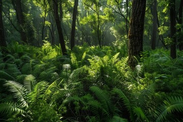Obraz premium Forest filled with lots of green plants and trees. Nature background . 