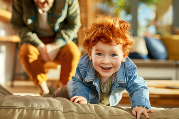A young child with ADHD symptoms, running excitedly with a bright smile while a parent watches. Concept of hyperactivity and neurodevelopmental disorders.

