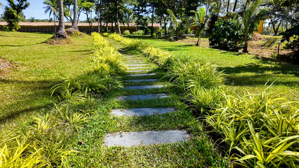 Tranquil garden path with stepping stones and lush greenery under bright sunlight, ideal for themes...