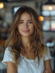 Female entrepreneur smiling and looking at camera，Smiling Female Entrepreneur in Business Setting - 4K High-Definition Wallpaper
