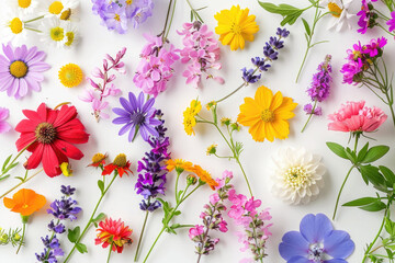Various vibrant flowers neatly arranged on a clean white surface, creating a striking contrast and a visually pleasing composition
